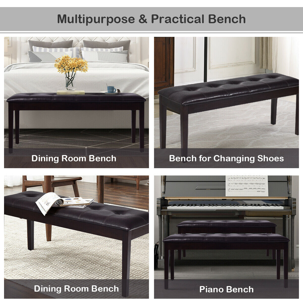 Upholstered Dining Room PU Bench Solid Wood Button Tufted-Brown