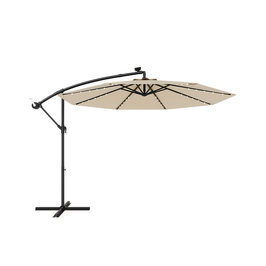 10 Feet Solar Offset Hanging Umbrella with 40 Lamp Beads and Solar Panel-Beige