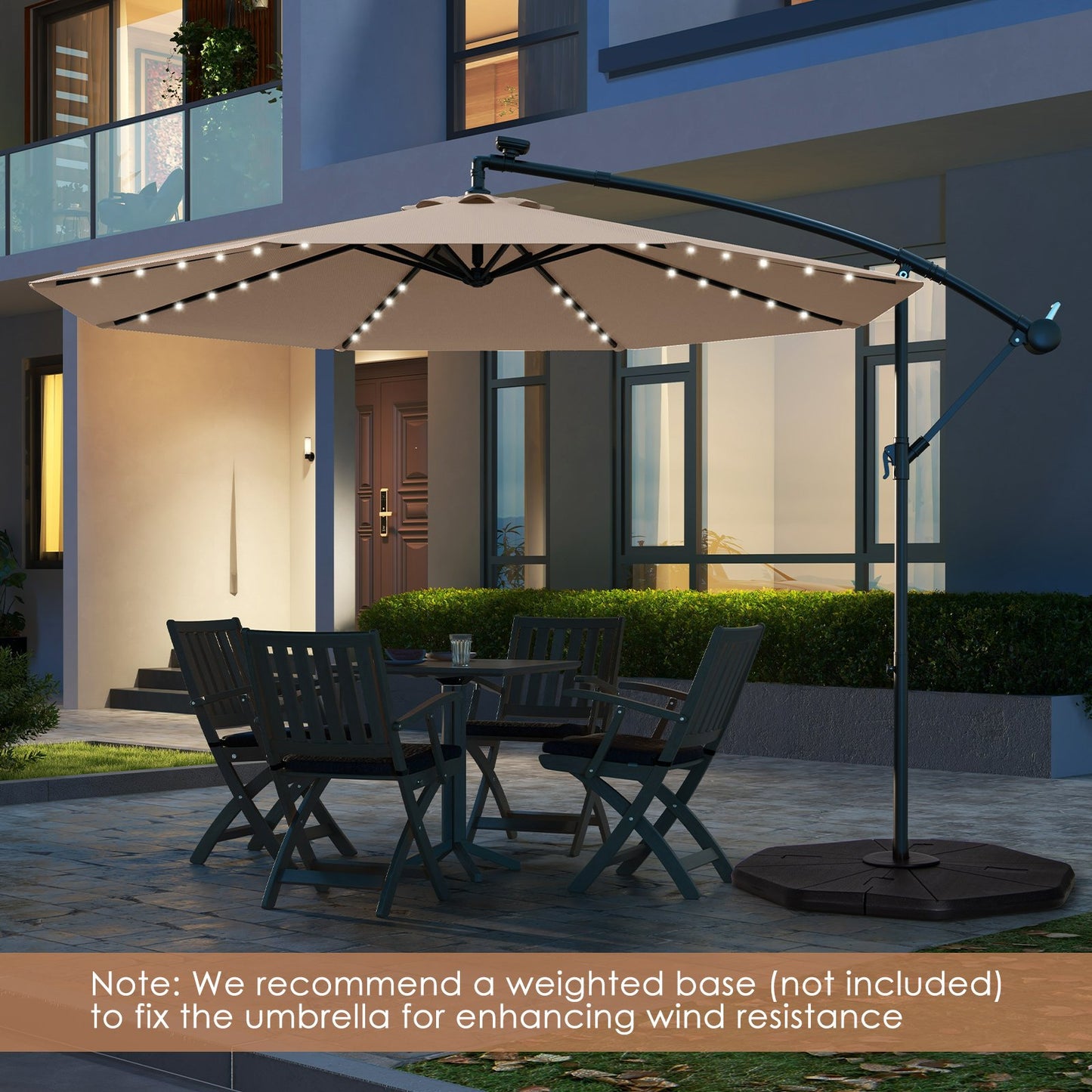 10 Feet Solar Offset Hanging Umbrella with 40 Lamp Beads and Solar Panel-Beige