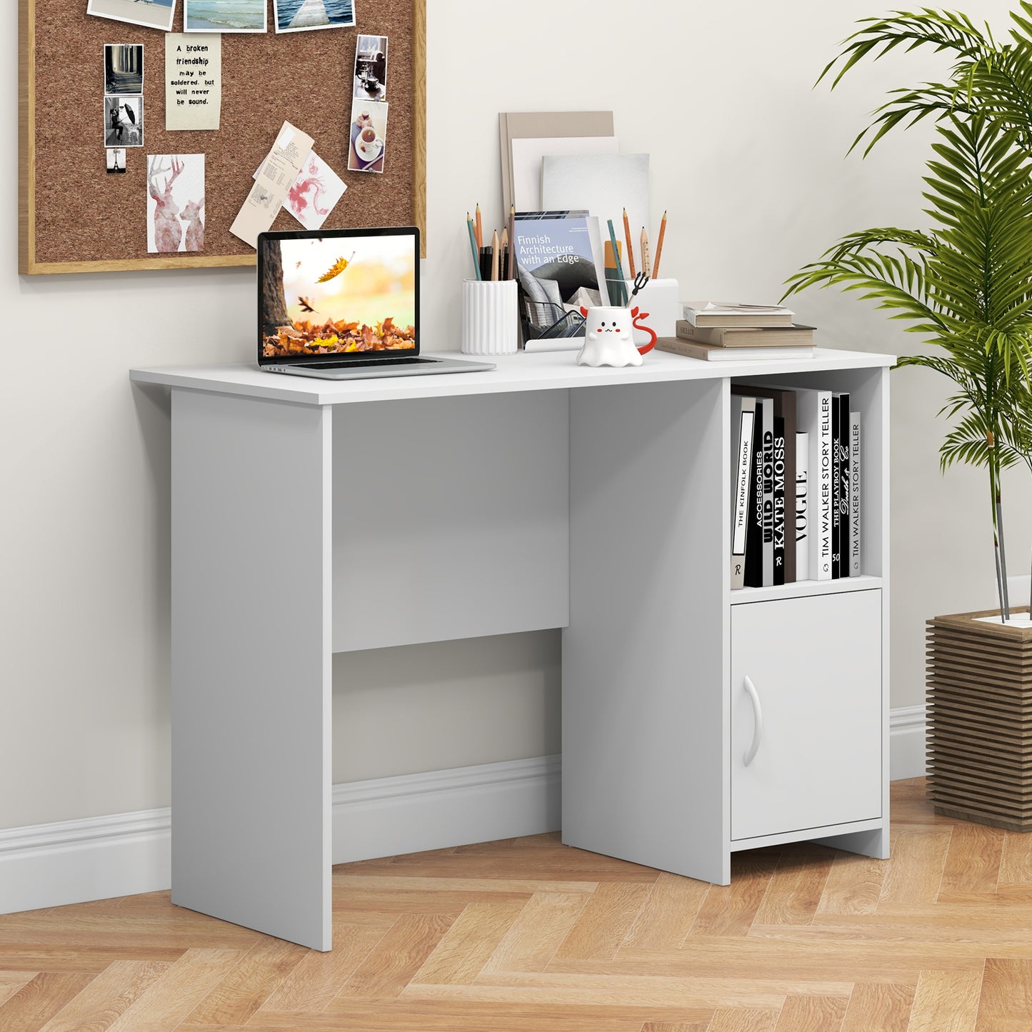 Modern Computer Desk with Cabinet-White