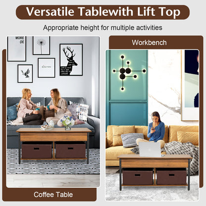 Lift Top Coffee Table Central Table with Drawers and Hidden Compartment for Living Room-Brown