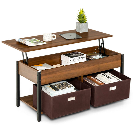 Lift Top Coffee Table Central Table with Drawers and Hidden Compartment for Living Room-Brown