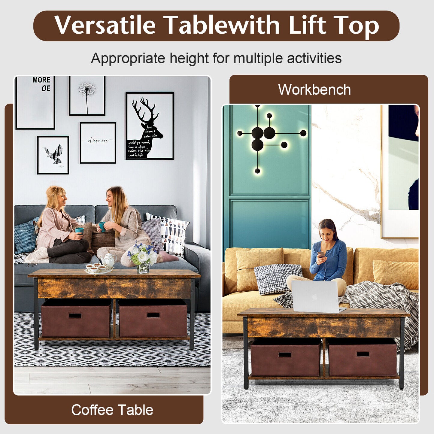 Lift Top Coffee Table Central Table with Drawers and Hidden Compartment for Living Room-Rustic Brown