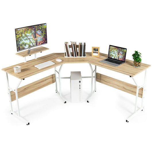 88.5 Inch L Shaped Reversible Computer Desk Table with Monitor Stand-Natural