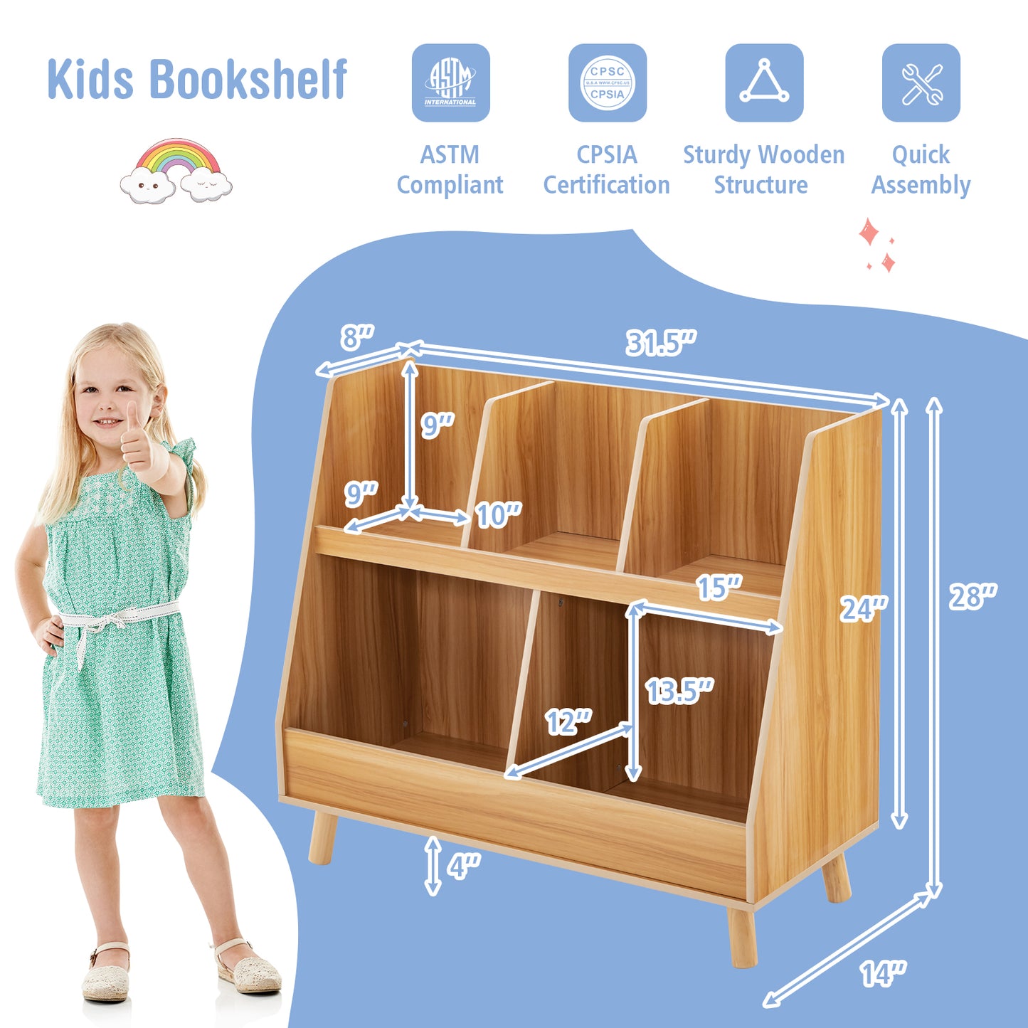 5-Cube Kids Bookshelf and Toy Organizer with Anti-Tipping Kits-Natural