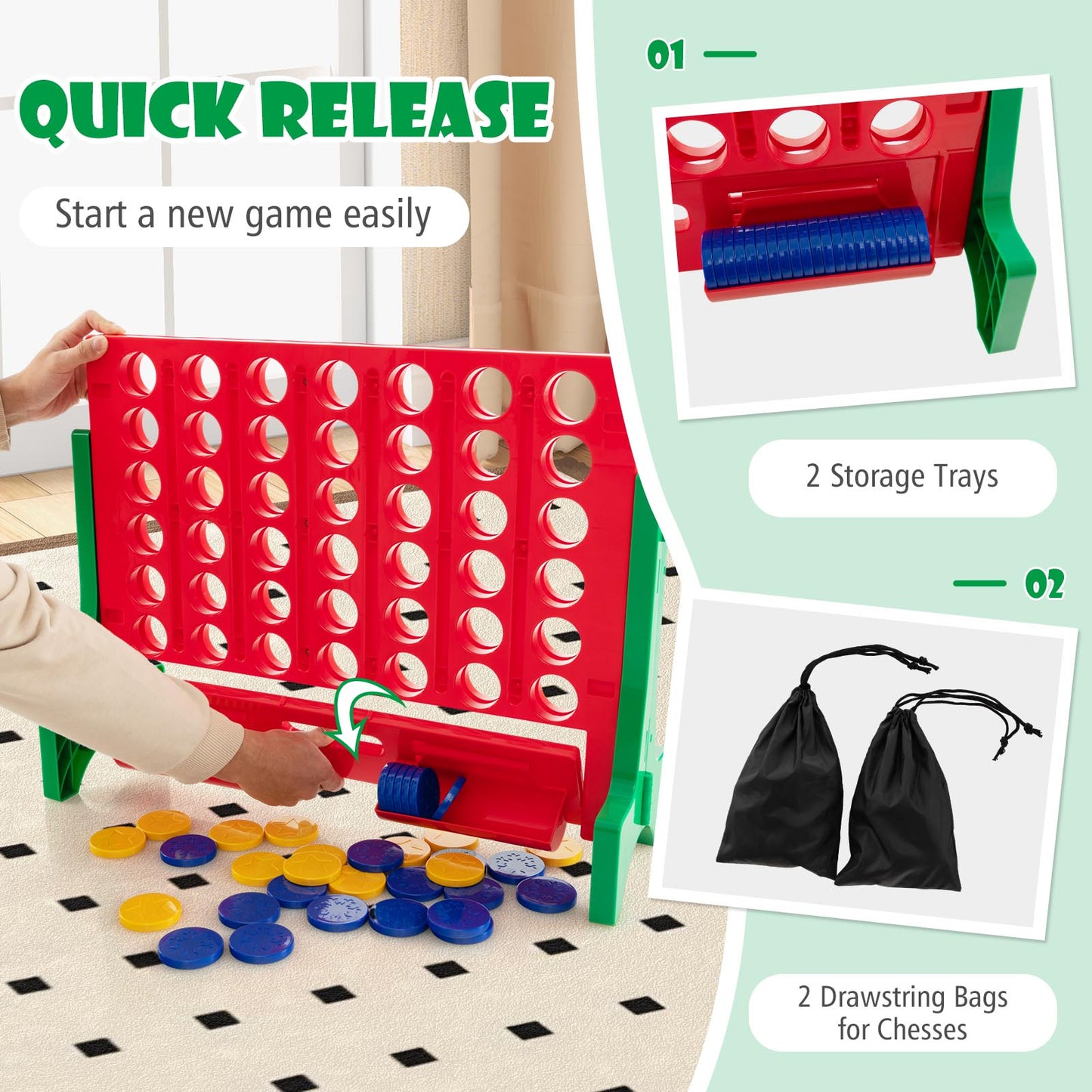 Jumbo 4-to-Score Connect Game Set with Carrying Bag and 42 Coins-Green