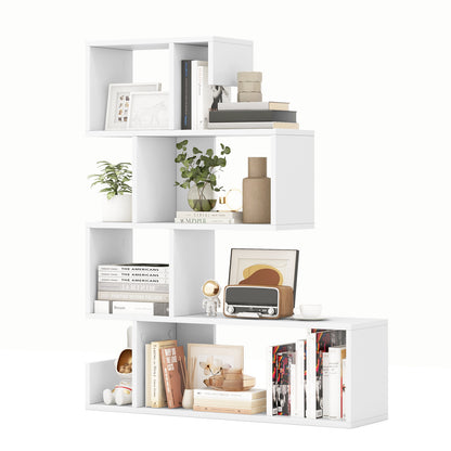 5-Tier S-Shaped Bookshelf Geometric Z-Shelf Bookcase with Open Cubes-White