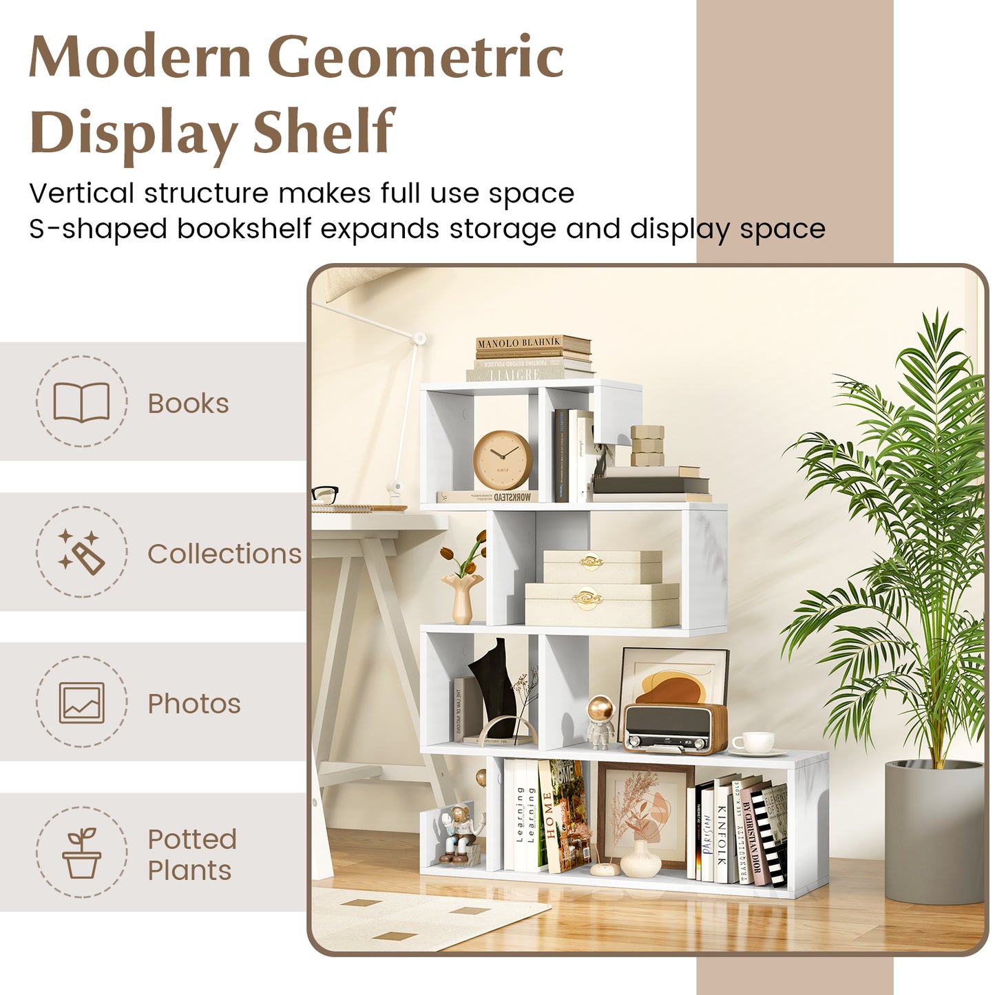 5-Tier S-Shaped Bookshelf Geometric Z-Shelf Bookcase with Open Cubes-White