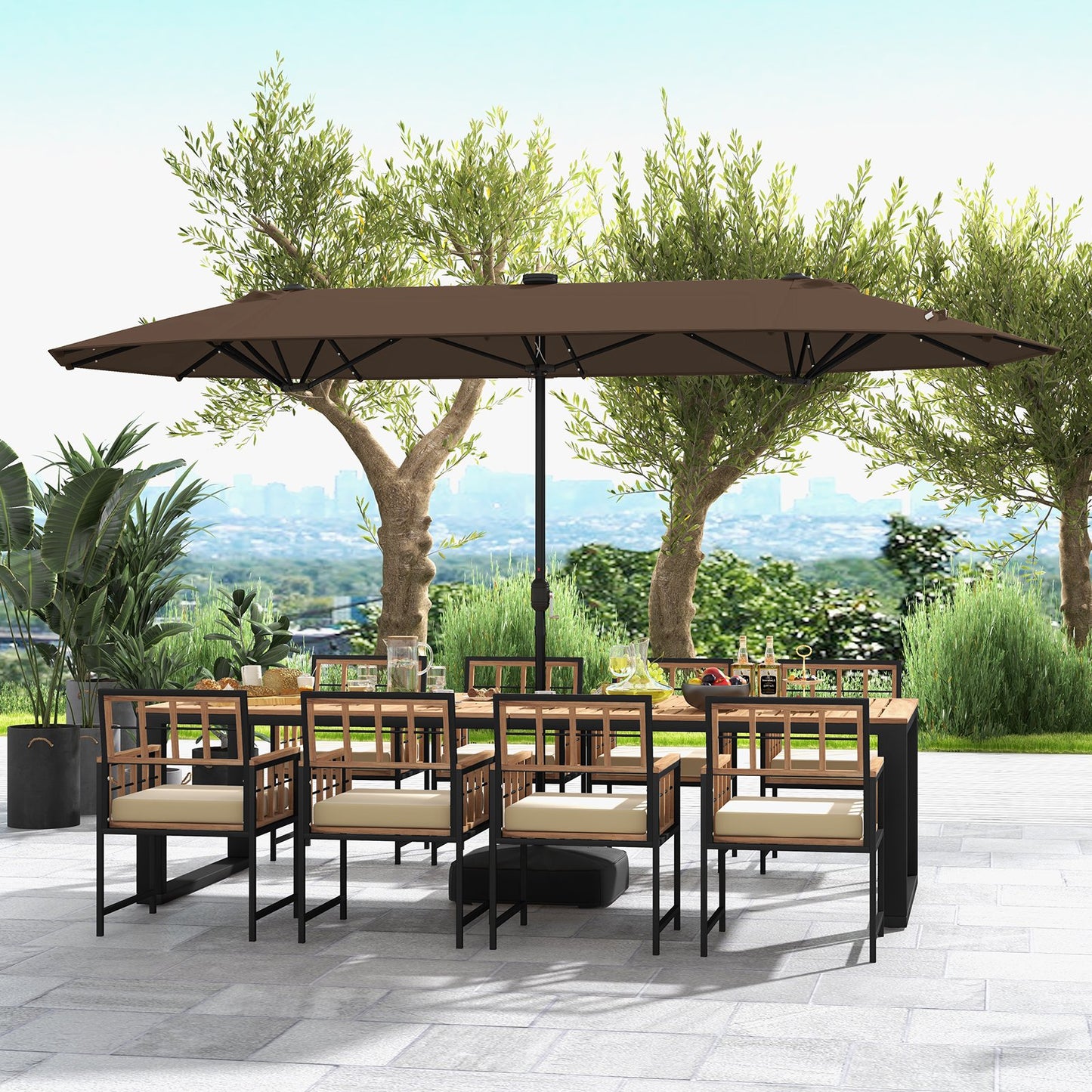13FT Double-sided Patio Umbrella with Solar Lights for Garden Pool Backyard-Beige