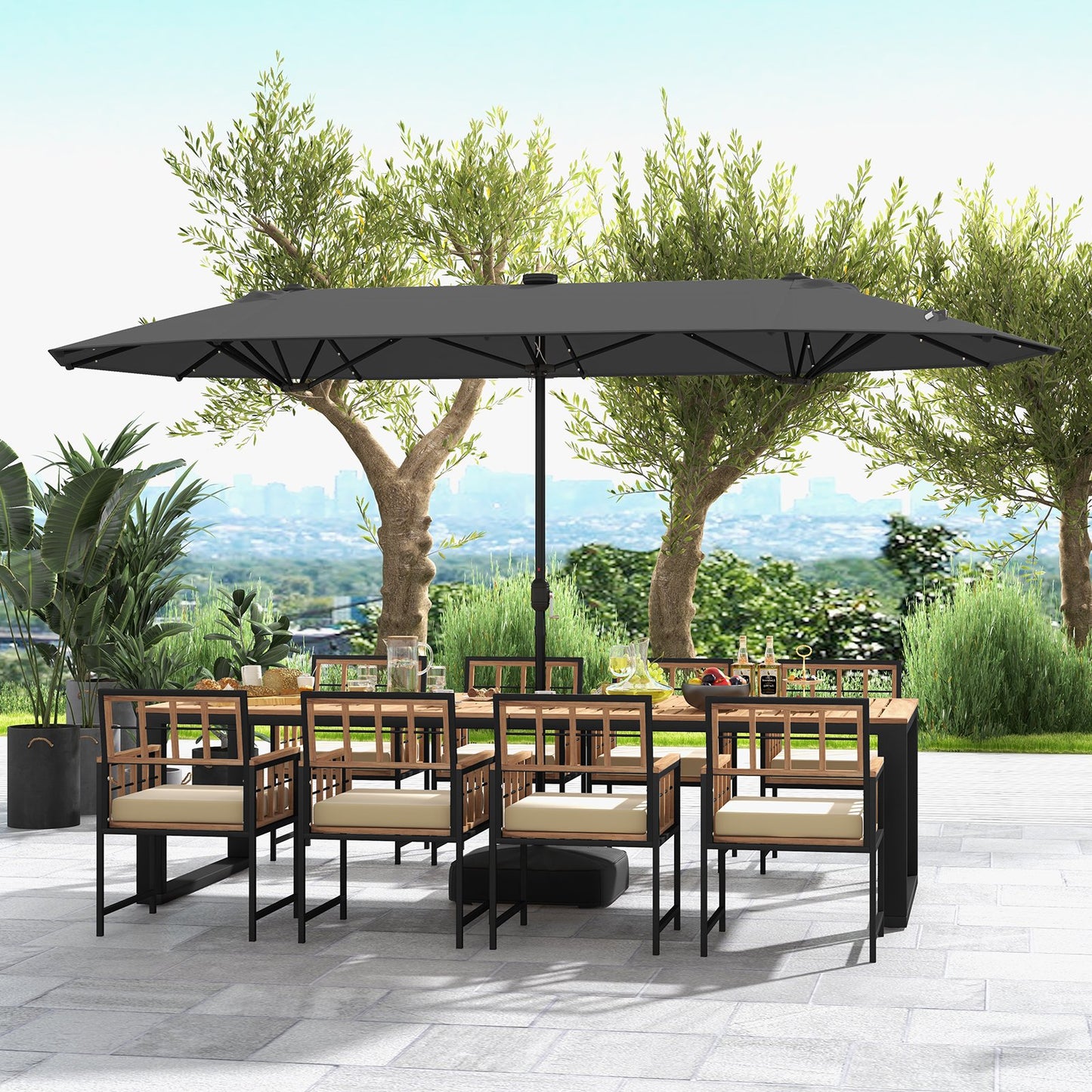 13FT Double-sided Patio Umbrella with Solar Lights for Garden Pool Backyard-Beige