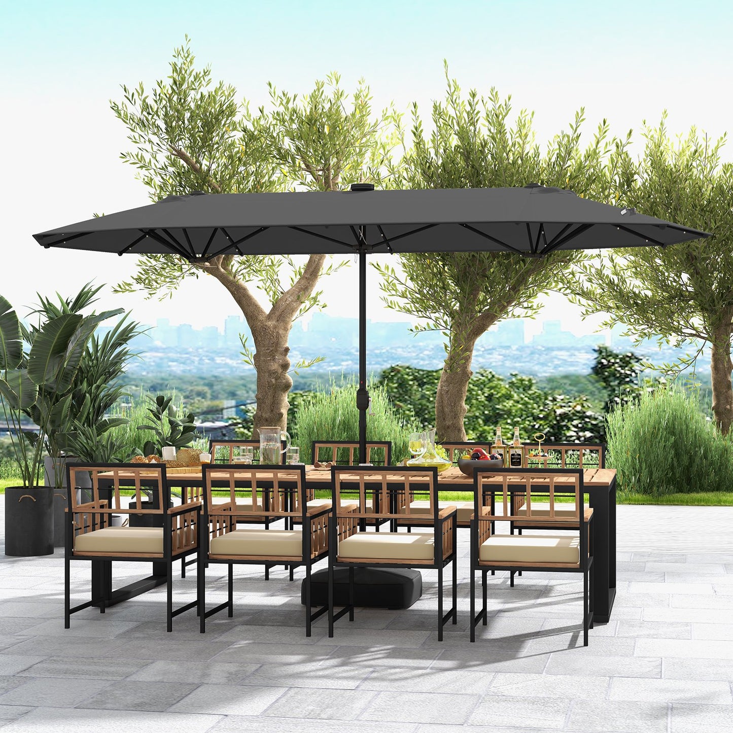 13FT Double-sided Patio Umbrella with Solar Lights for Garden Pool Backyard-Gray