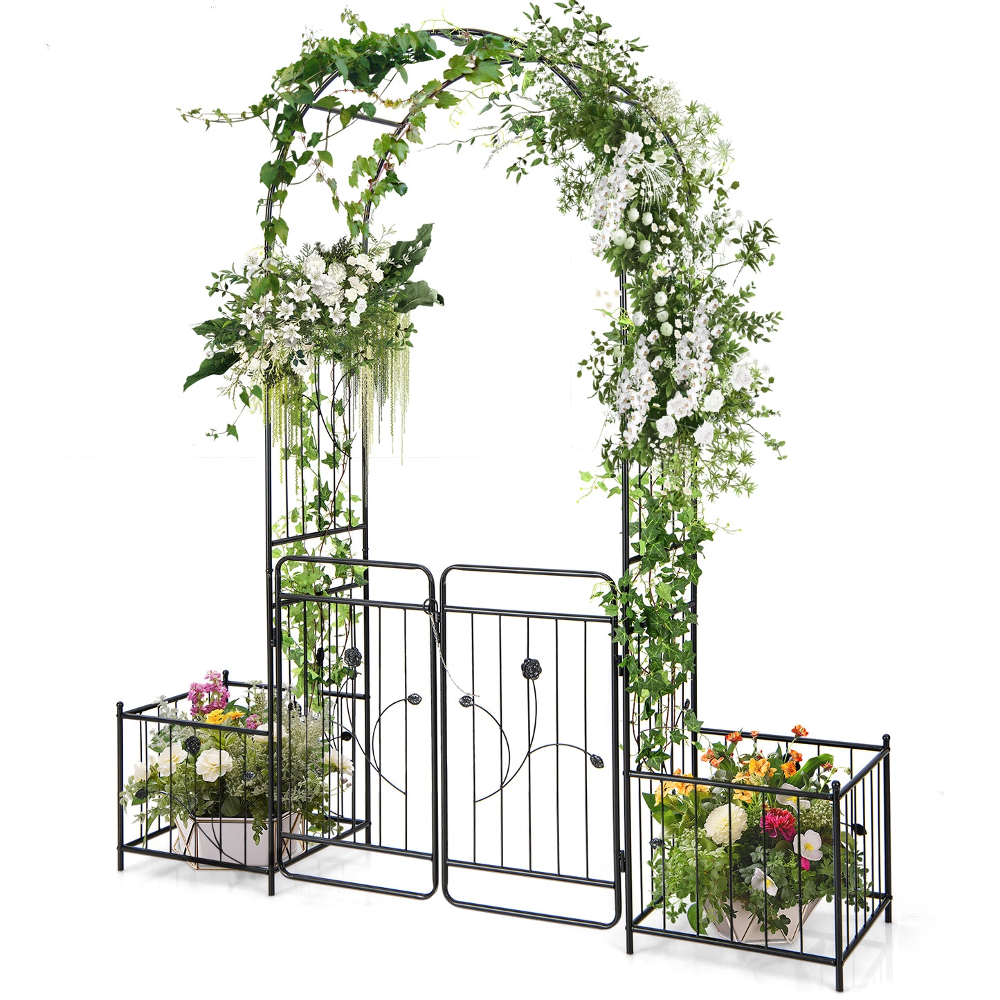 87 Inches Garden Arbor with Lockable Gate Side Planters-Black