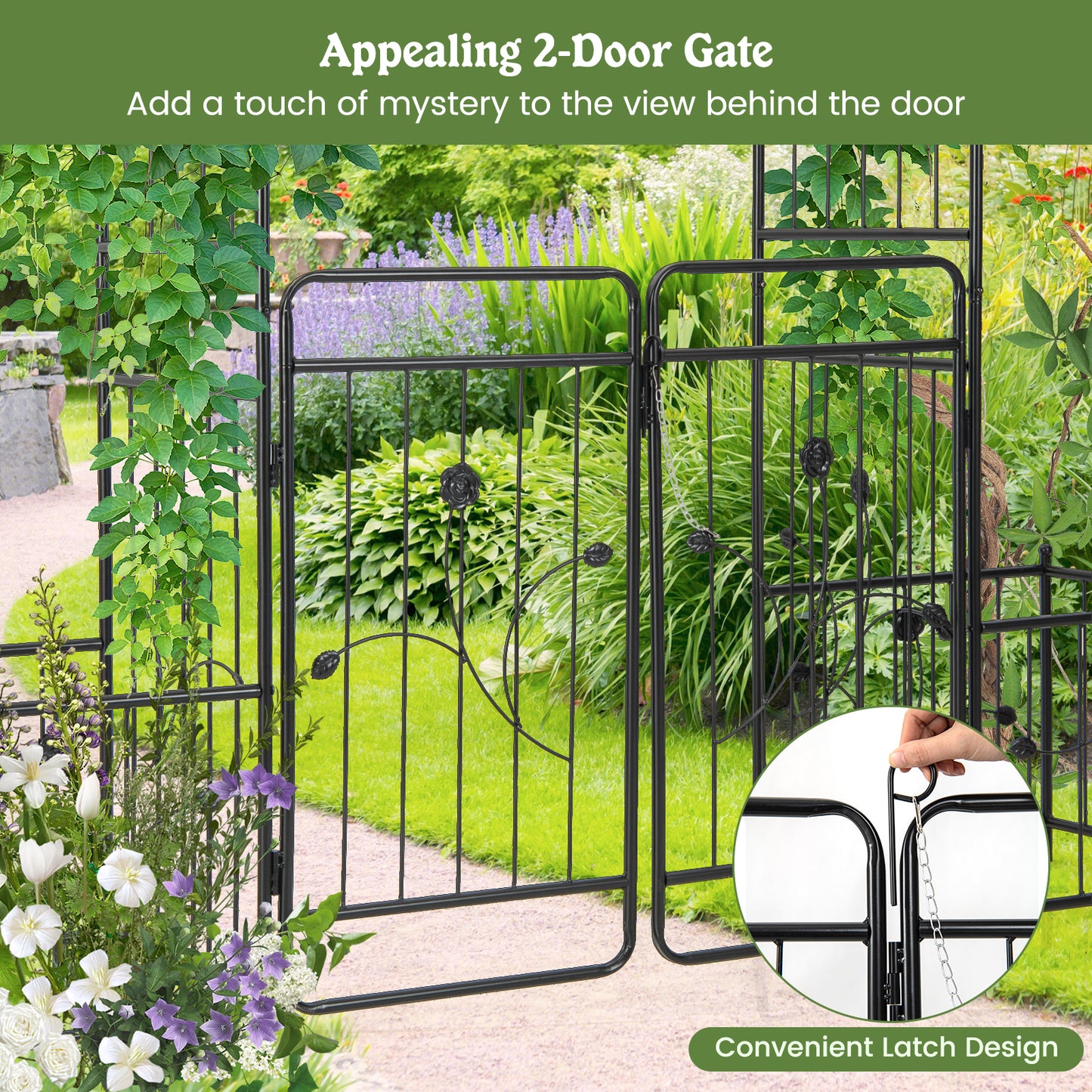87 Inches Garden Arbor with Lockable Gate Side Planters-Black