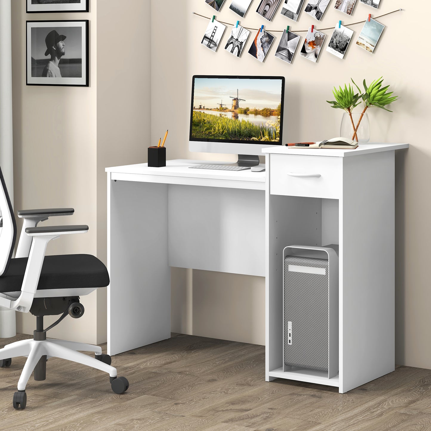 Computer Desk with Drawer Modern Laptop PC Desk with Adjustable Shelf and Cable Hole-White