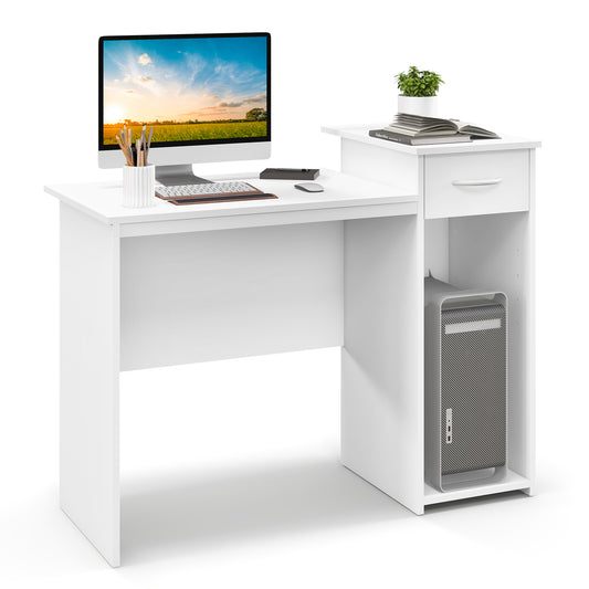 Computer Desk with Drawer Modern Laptop PC Desk with Adjustable Shelf and Cable Hole-White