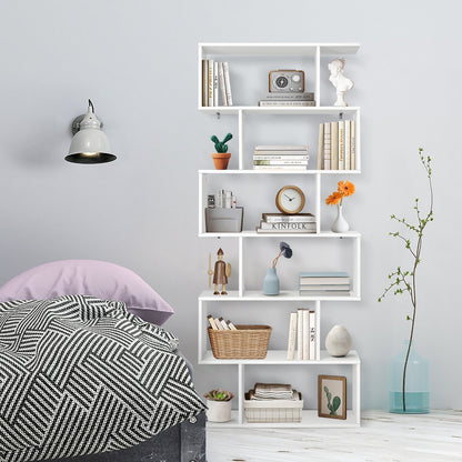 6 Tier S-Shaped Bookshelf Storage Display Bookcase Decor Z-Shelf-Black