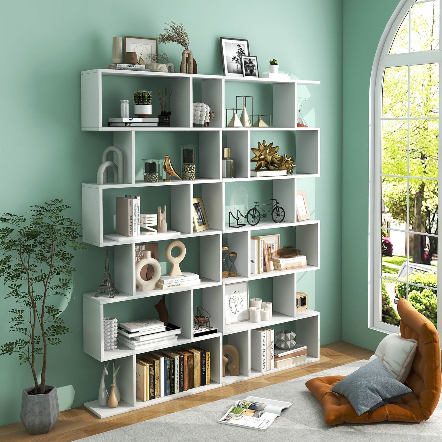 6 Tier S-Shaped Bookshelf Storage Display Bookcase Decor Z-Shelf-Black