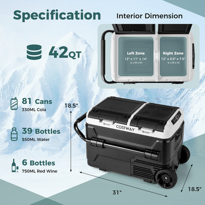 Dual Zone 12V 42QT Car Refrigerator for Vehicles Camping Travel Truck RV Boat-Black