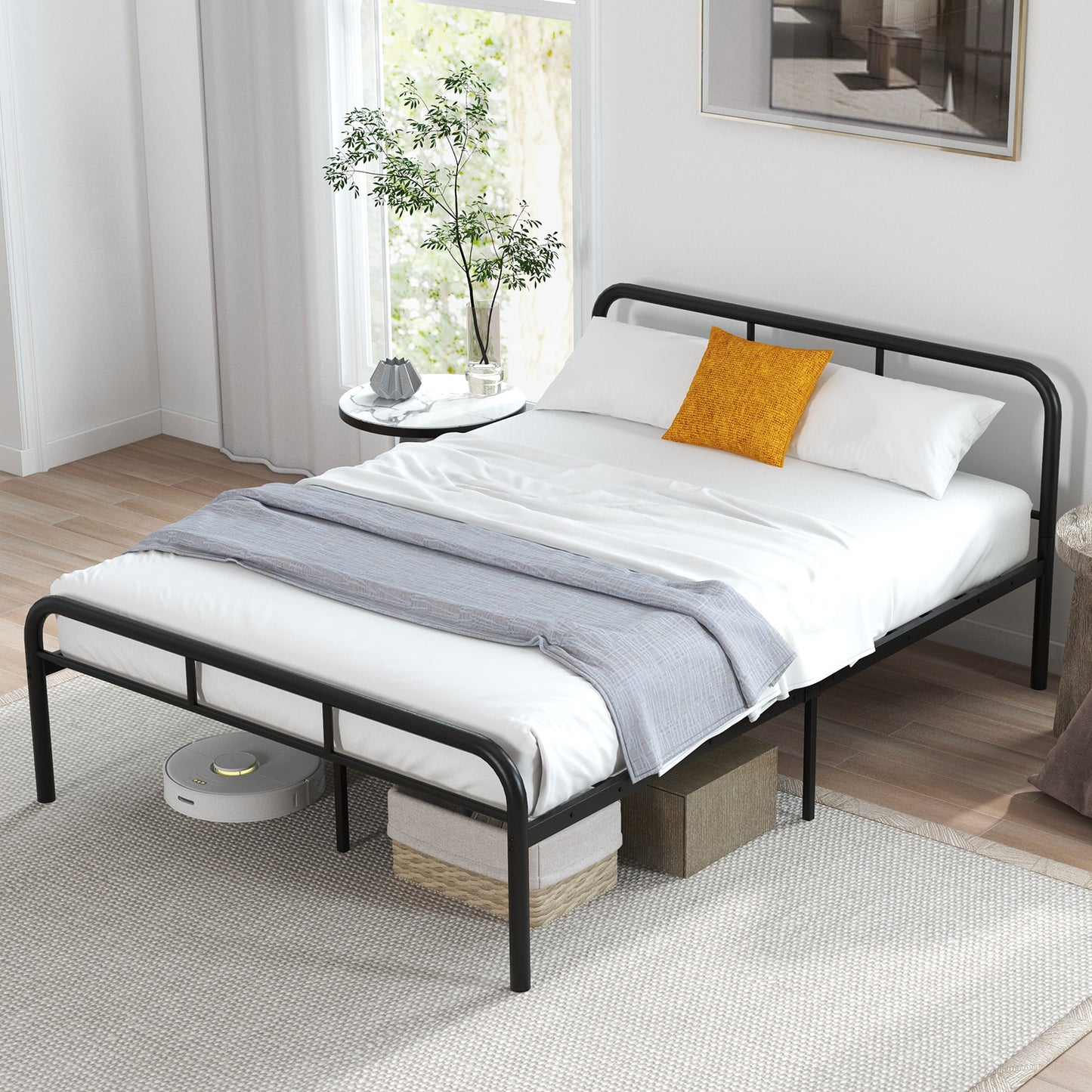 Full Bed Frame with Headboard and Footboard No Box Spring Needed-Black