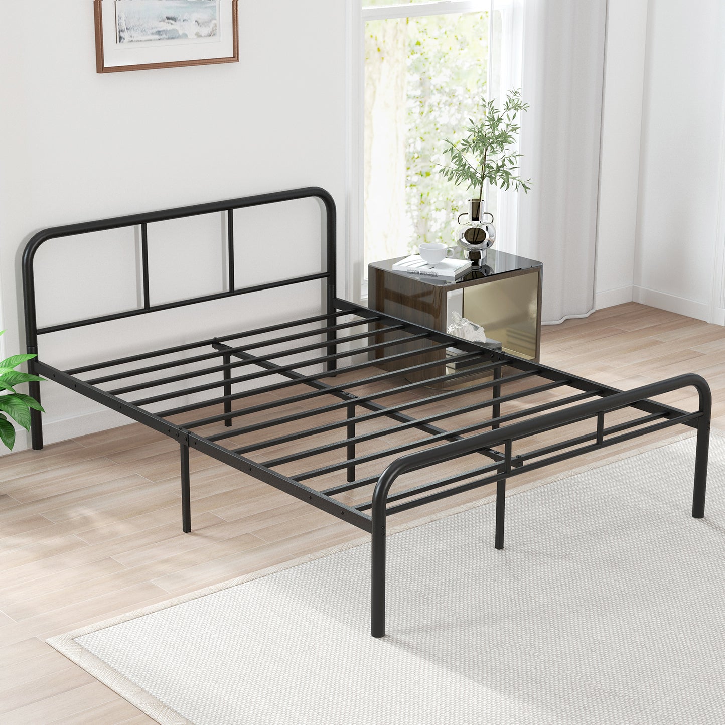 Full Bed Frame with Headboard and Footboard No Box Spring Needed-Black
