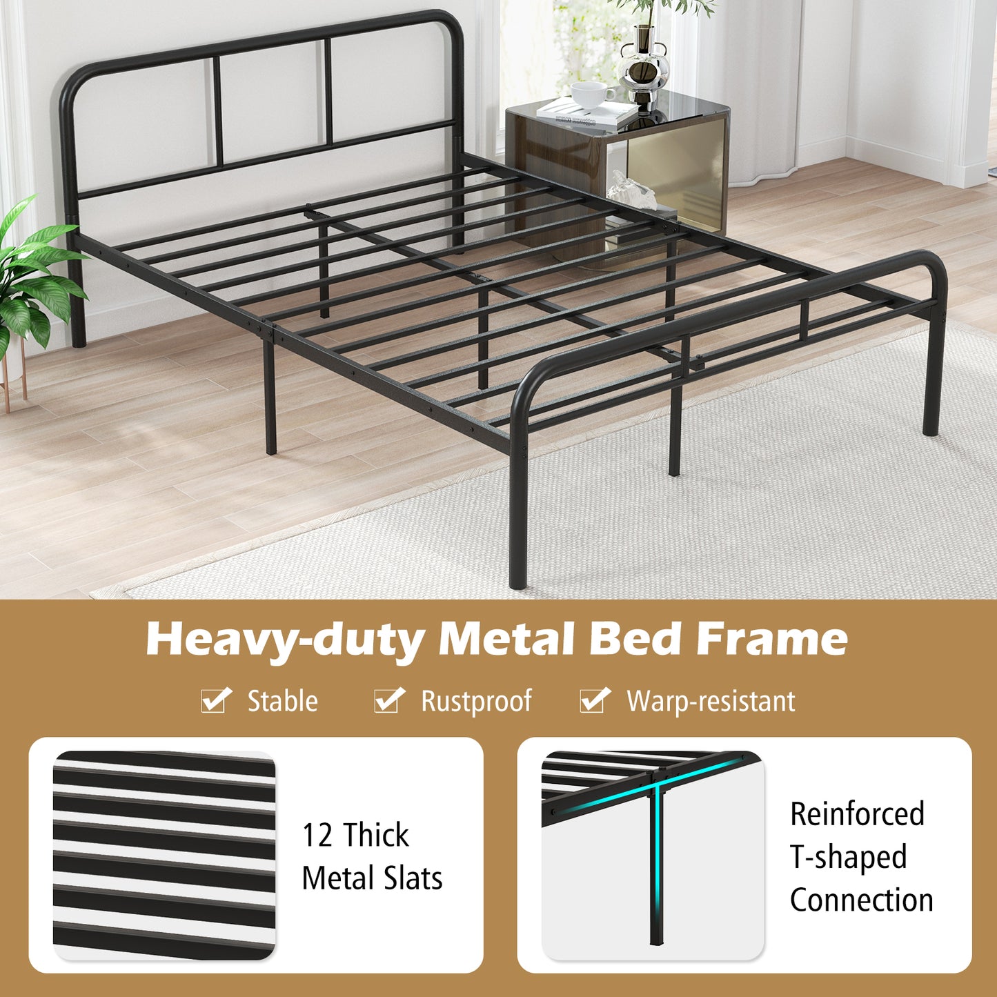 Full Bed Frame with Headboard and Footboard No Box Spring Needed-Black