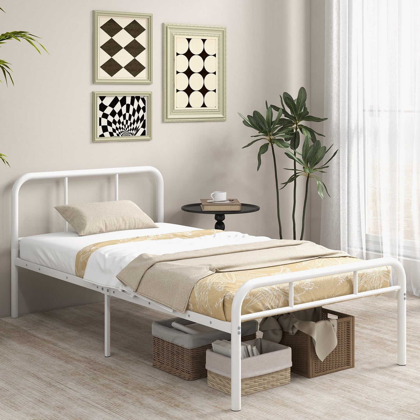 Modern Metal Platform Bed with Headboard and Footboard-Black