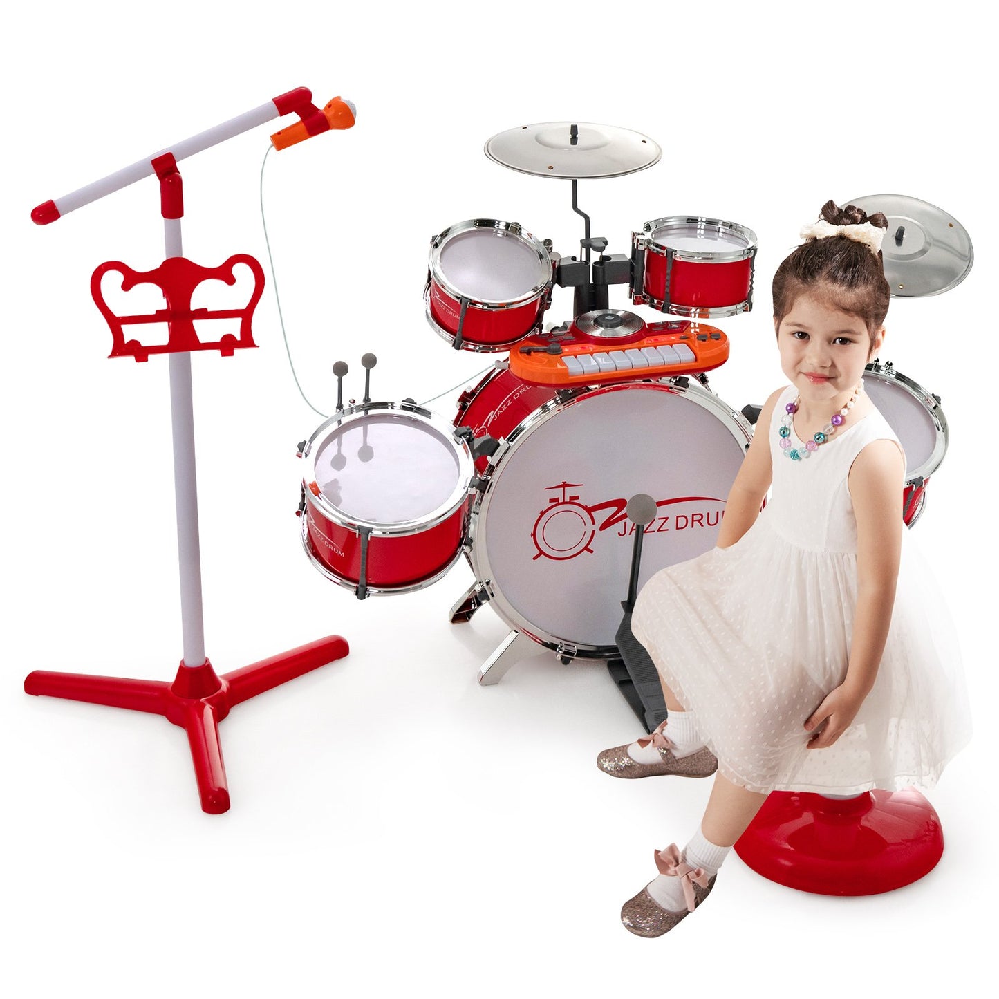 Kids Jazz Drum Keyboard Set with Stool and Microphone Stand-Red