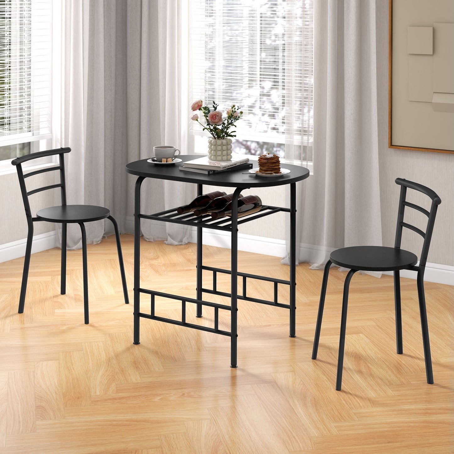 Home Kitchen 3 pcs Bistro Pub Dining Table 2 Chairs Set-Black