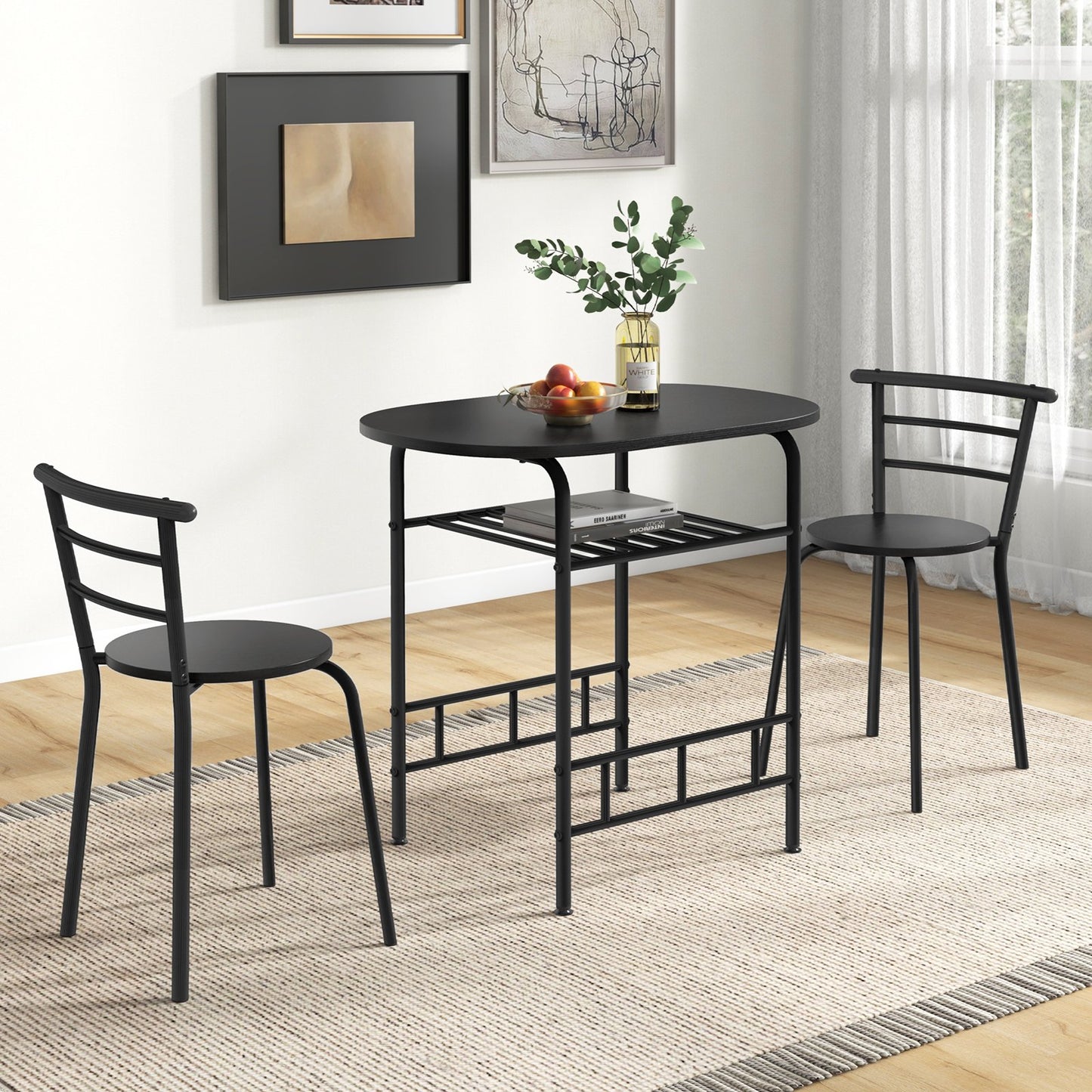Home Kitchen 3 pcs Bistro Pub Dining Table 2 Chairs Set-Black