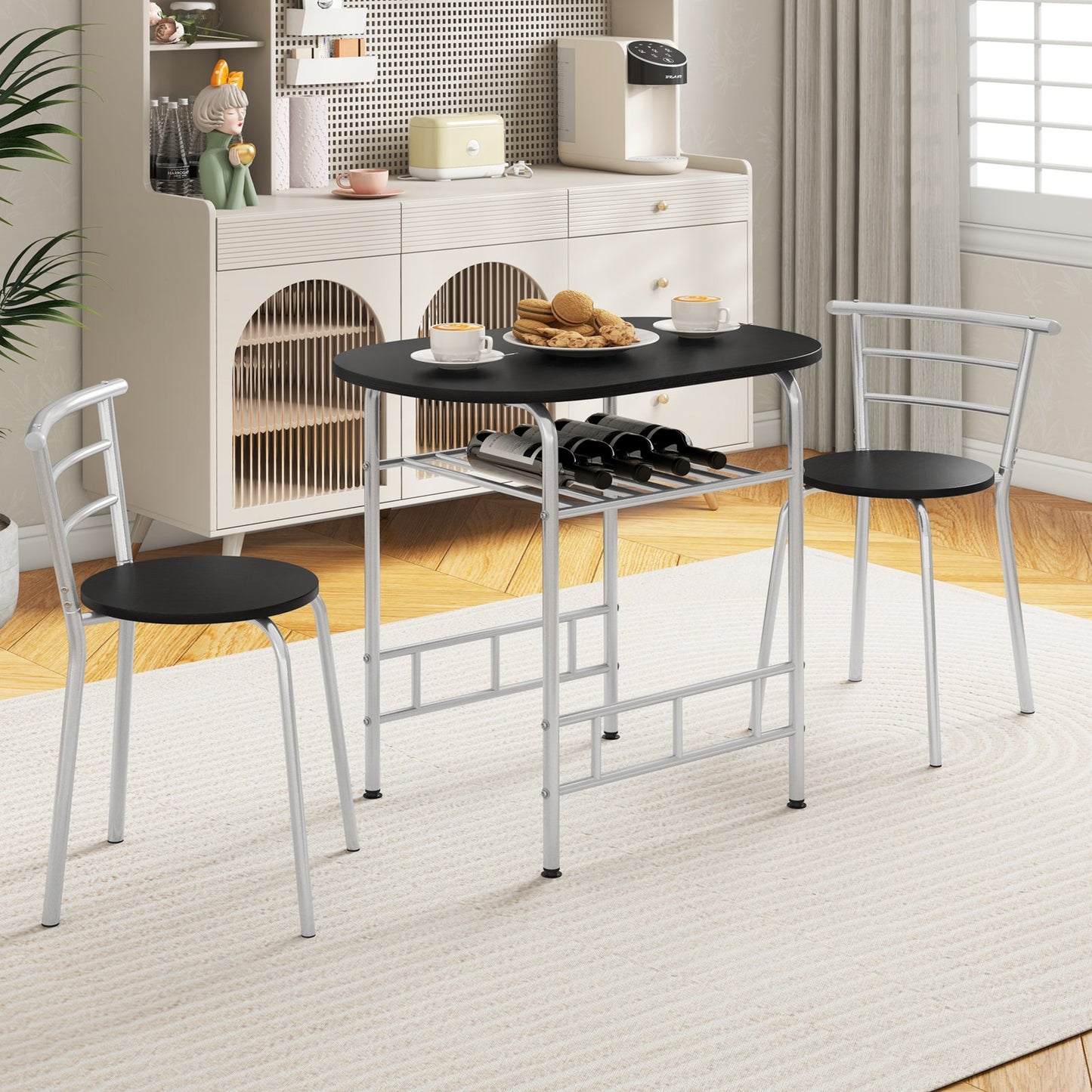Home Kitchen 3 pcs Bistro Pub Dining Table 2 Chairs Set-Black