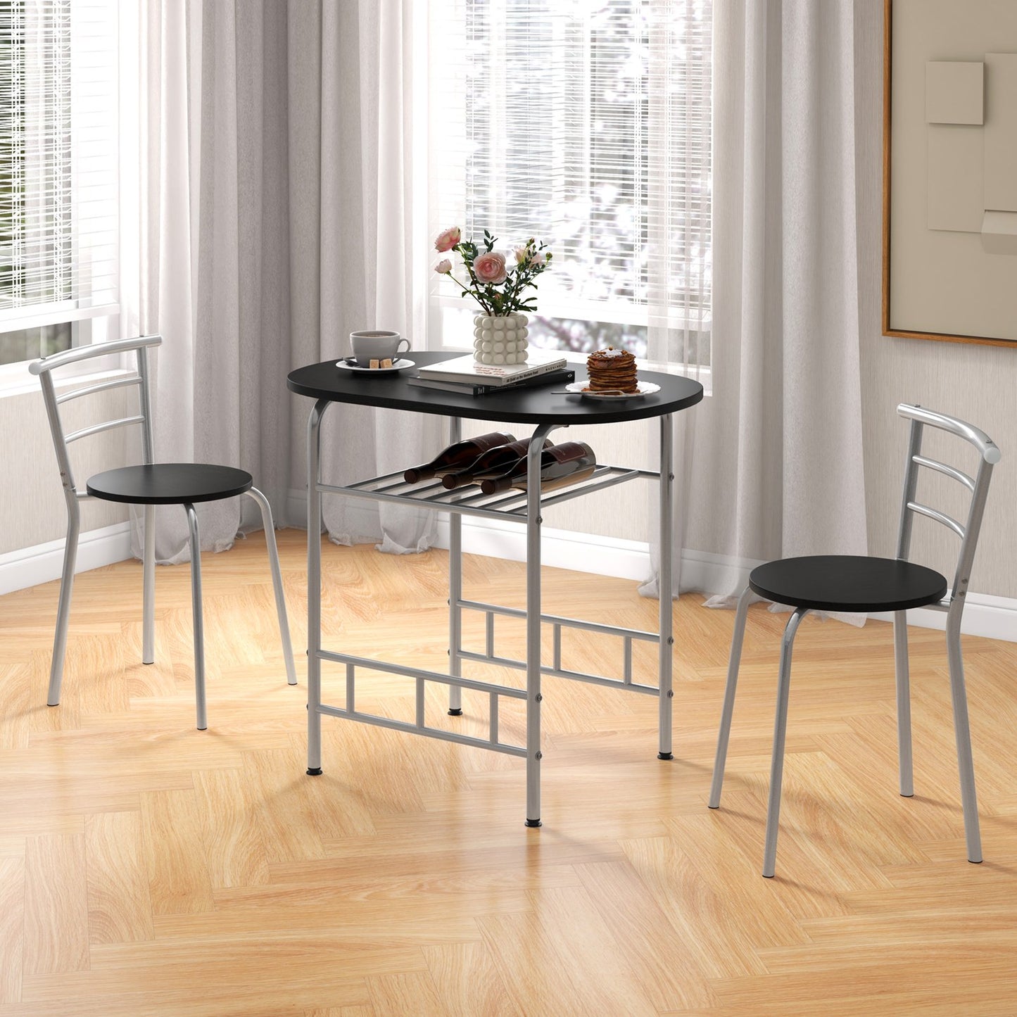 Home Kitchen 3 pcs Bistro Pub Dining Table 2 Chairs Set-Black