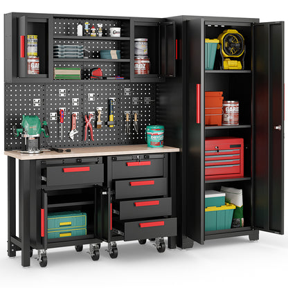 6 Pieces Garage Cabinets and Storage System Set with Pegboard and Rolling Chests