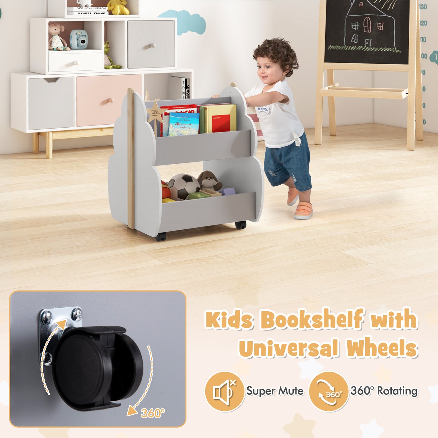 Kids Wooden Bookshelf with Universal Wheels-Gray