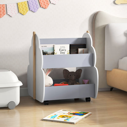 Kids Wooden Bookshelf with Universal Wheels-Gray