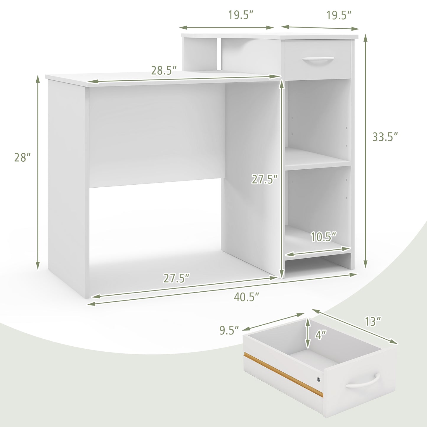 Computer Desk Modern Laptop PC Desk with Adjustable Shelf and Cable Hole-White