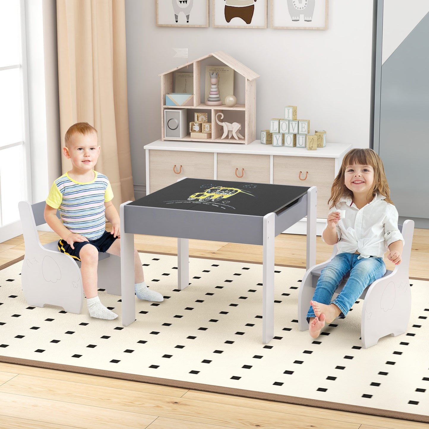 4-in-1 Wooden Activity Kids Table and Chairs with Storage and Detachable Blackboard-Gray