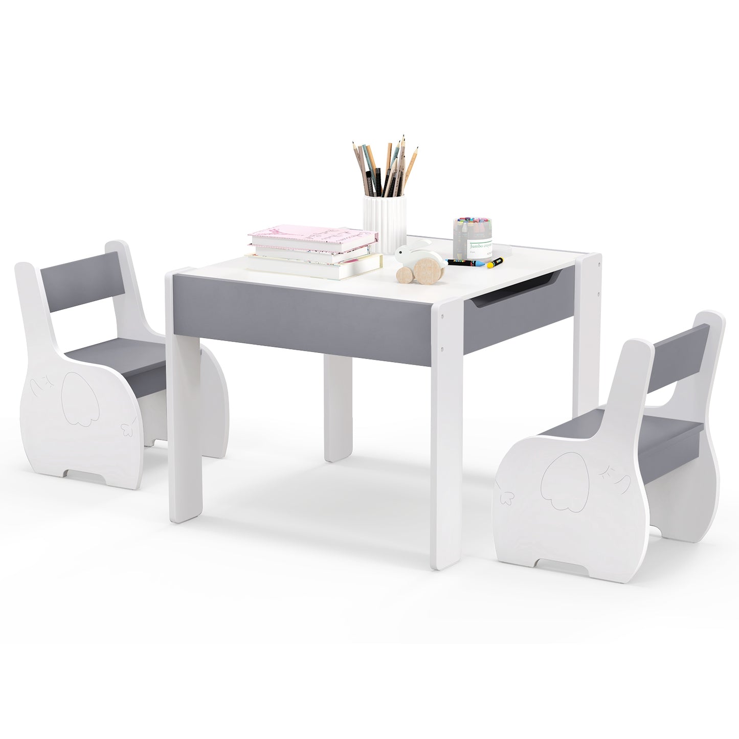 4-in-1 Wooden Activity Kids Table and Chairs with Storage and Detachable Blackboard-Gray