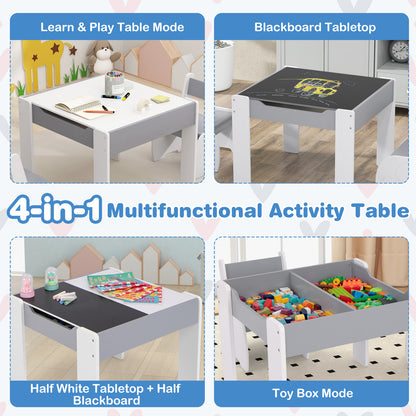 4-in-1 Wooden Activity Kids Table and Chairs with Storage and Detachable Blackboard-Gray