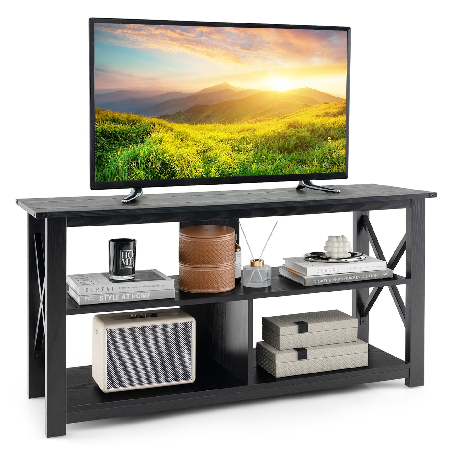3 Tier Wood TV Stand for 55-Inch with Open Shelves and X-Shaped Frame-Black