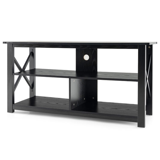 3 Tier Wood TV Stand for 55-Inch with Open Shelves and X-Shaped Frame-Black