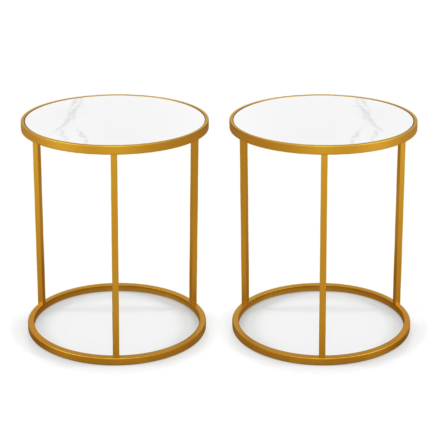 16 Inch Marble Top Round Side Table with Golden Metal Frame for Living Room Bedroom-Set of 2