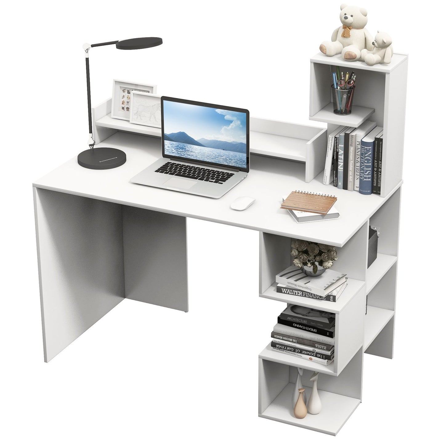 Modern Computer Desk with Storage Bookshelf and Hutch for Home Office-Black