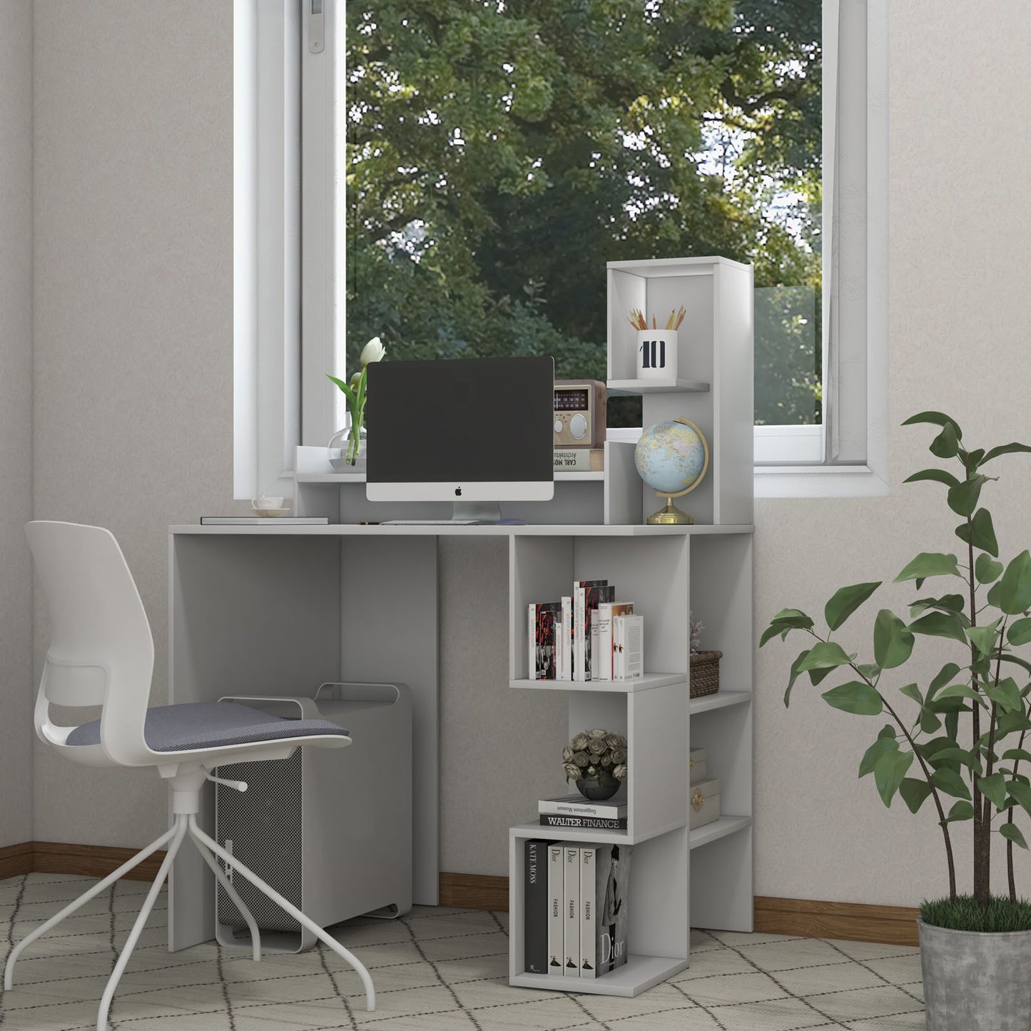 Modern Computer Desk with Storage Bookshelf and Hutch for Home Office-Black
