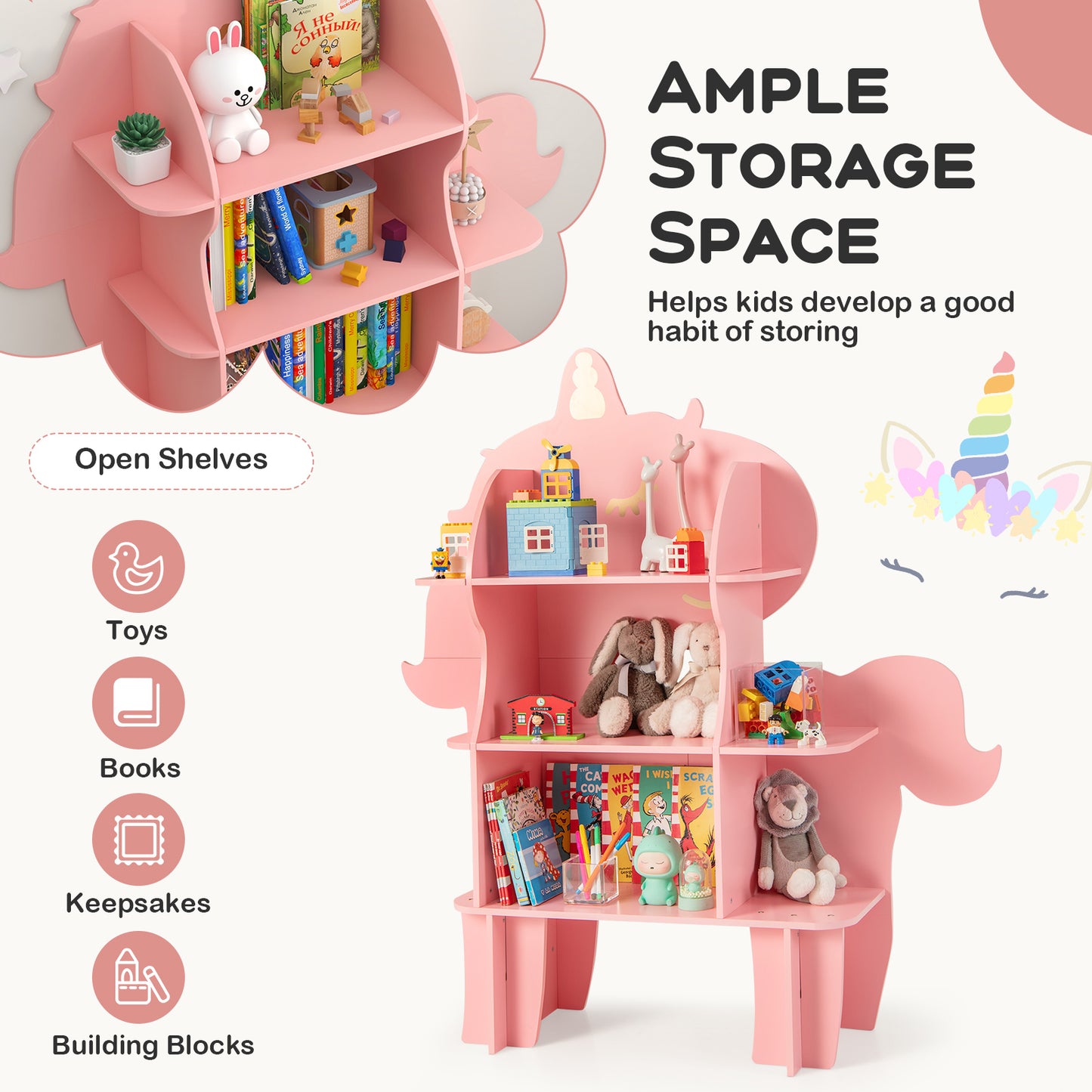 Kids Bookcase Toy Storage Organizer with Open Storage Shelves-Unicorn