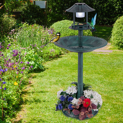 Pedestal Bird Bath with Solar Light with Bird Feeder and Flower Planter-Bronze