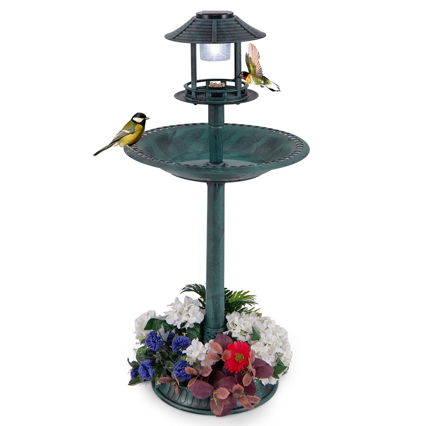 Pedestal Bird Bath with Solar Light with Bird Feeder and Flower Planter-Bronze