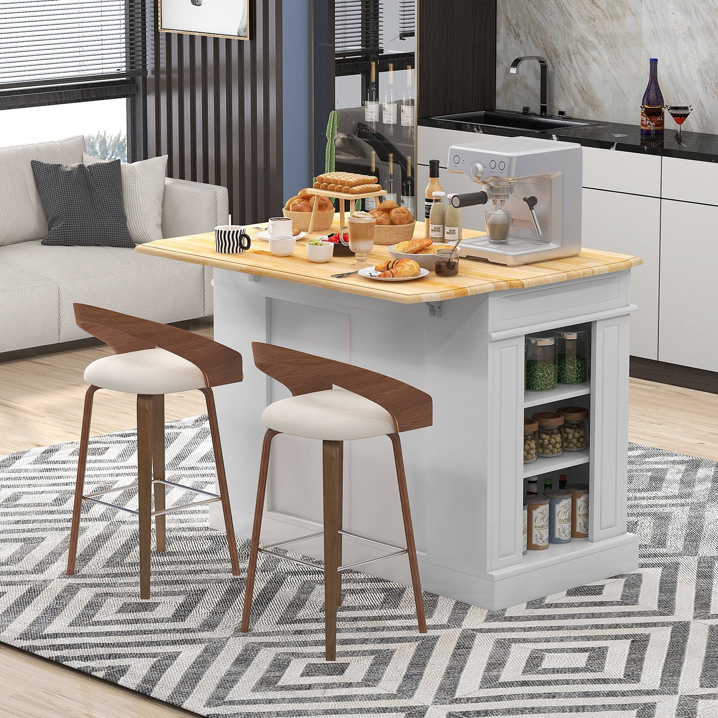 Kitchen Island with Storage and 3-Level Adjustable Shelves-Black