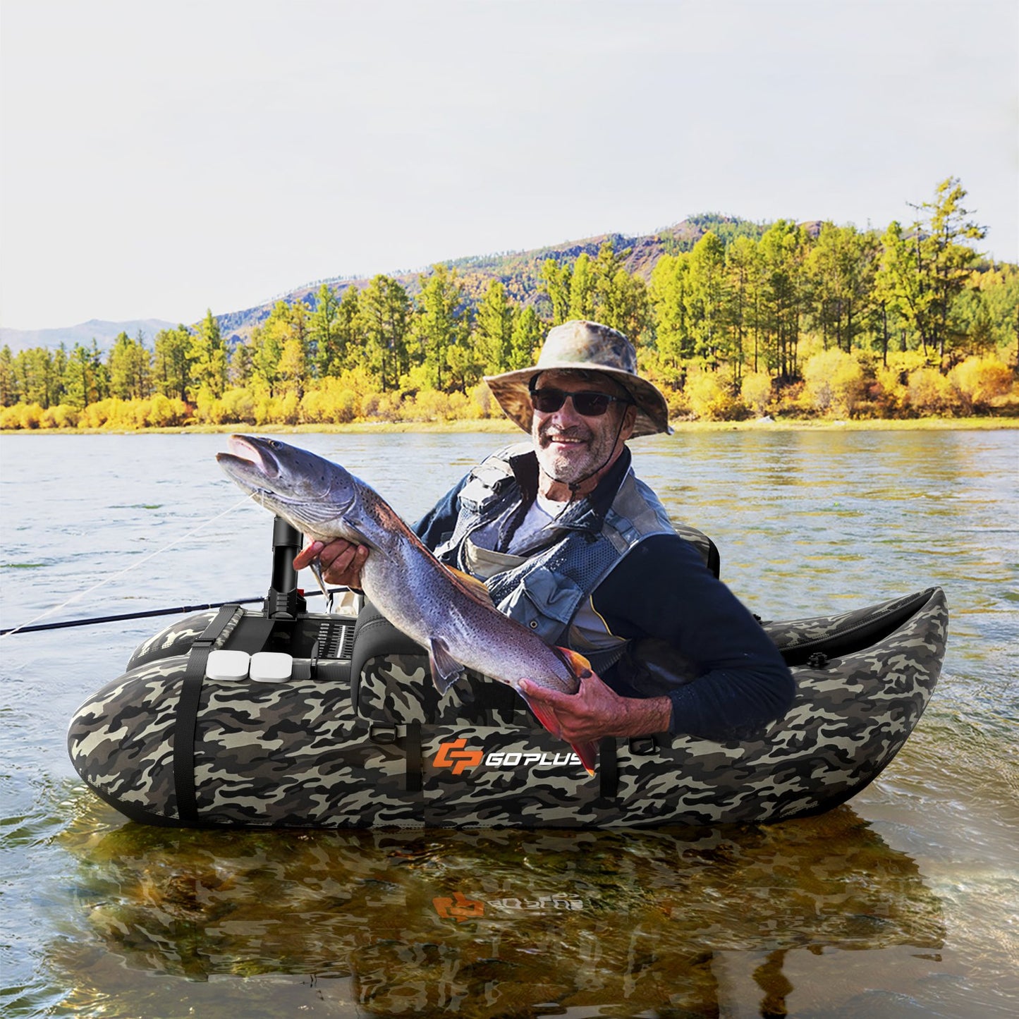 Inflatable Fishing Float Tube with Fish Ruler and Pump Storage Pockets-Beige