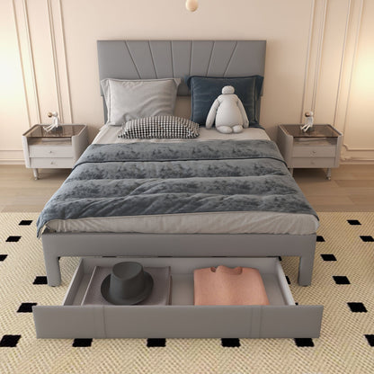 Full/Queen Size Upholstered Bed Frame with Drawer and Adjustable Headboard-Queen Size
