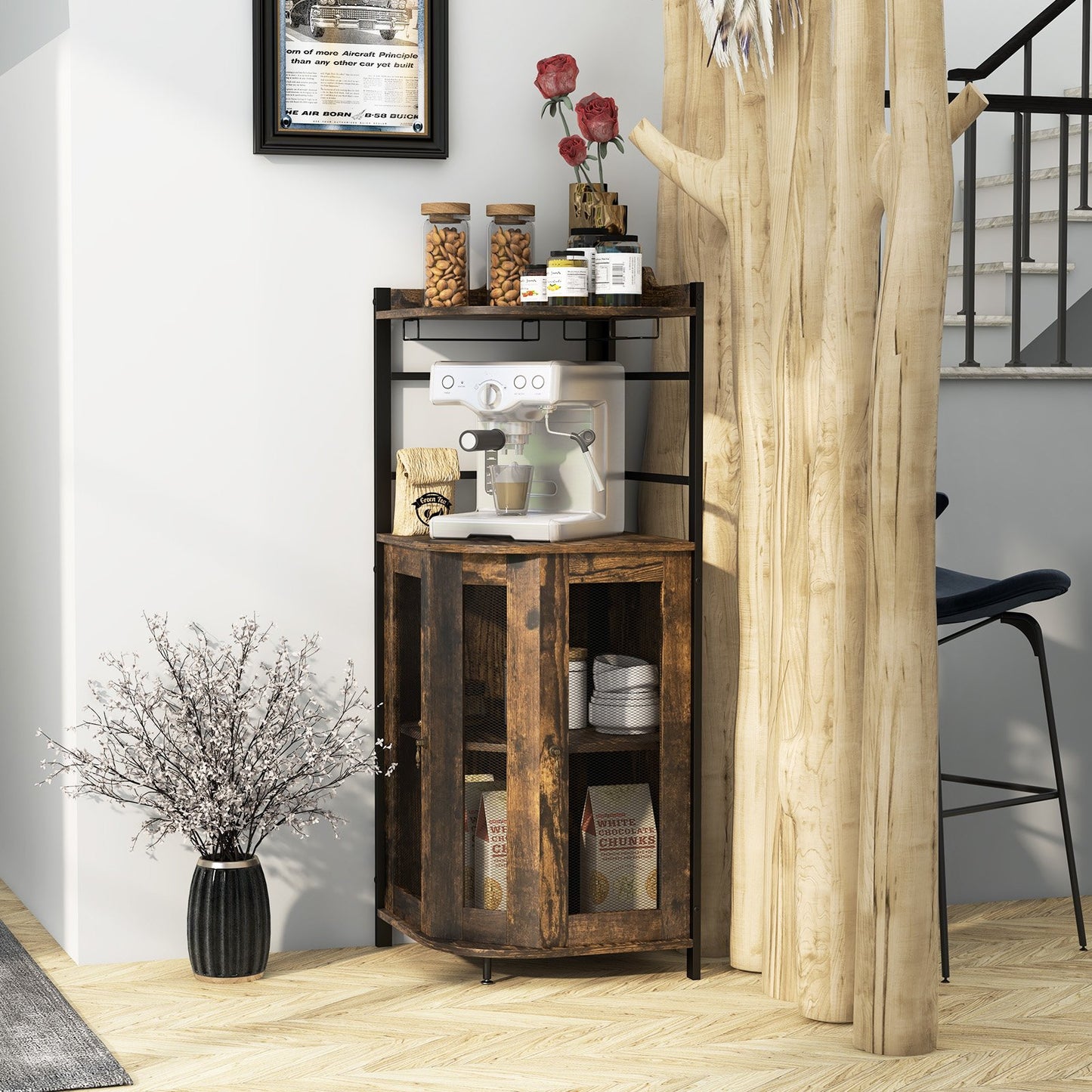 Industrial Corner Bar Cabinet with Glass Holder and Adjustable Shelf-Rustic Brown